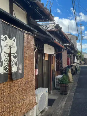 The lane outside, with a maneki-neko noren over a doorway