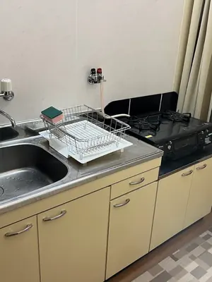The kitchen, with a gas hob and washing machine